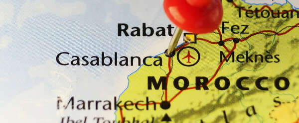 Red pin on Casablanca, Morocco.