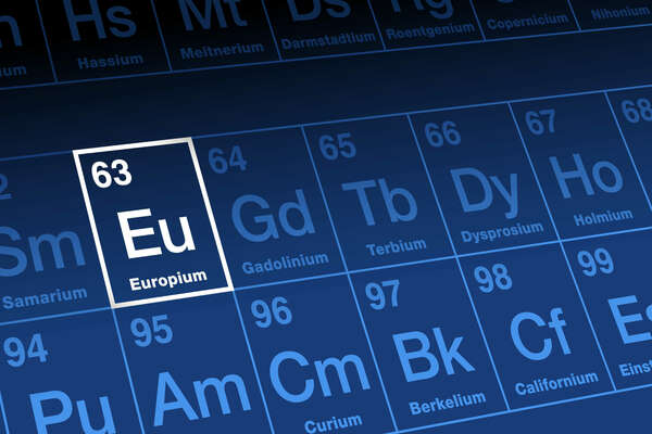 Europium, on the periodic table. Rare earth metal in lanthanide series, with atomic number 63 and with element symbol Eu, named after the continent Europe. 