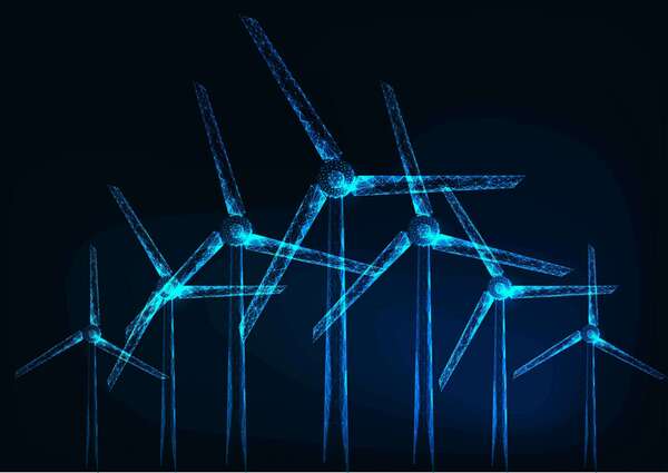 Futuristic glowing low polygonal windmill farm on dark blue background