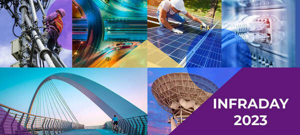 Infraday 2023 banner with a patchwork of AI, telecom, solar panel installation, crossroads