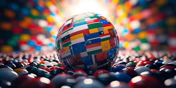 globe surrounded by flags of different countries, representing the diverse geopolitical landscape.