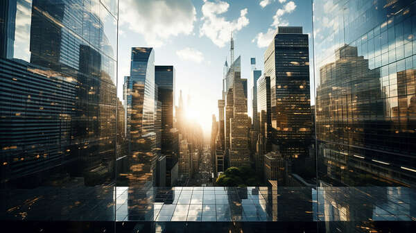 Bottom up view of reflective skyscraper buildings. Business office center in the big city, high rise building covered in glass window. 