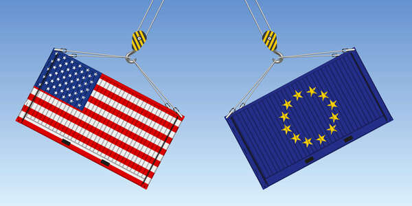 Illustration du choc entre deux conteneurs de marchandises, symbole de la guerre commerciale entre américains et Européens.