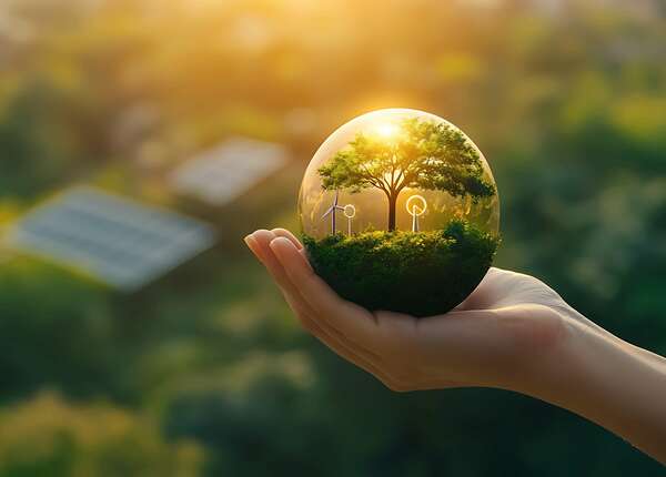 Hand Holding Globe with Renewable Energy Icons Symbolizing Personal Responsibility for Carbon Neutrality
