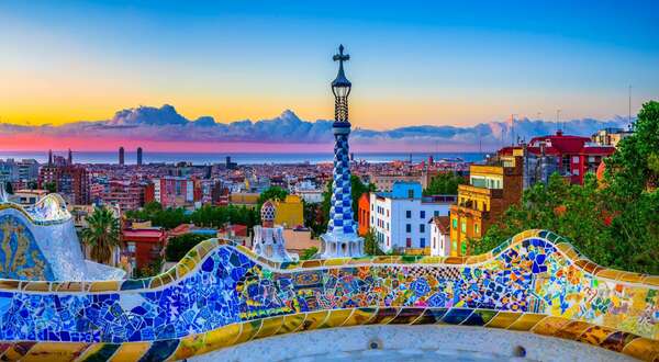 Skyline panorama of Barcelona at sunrise. Spain