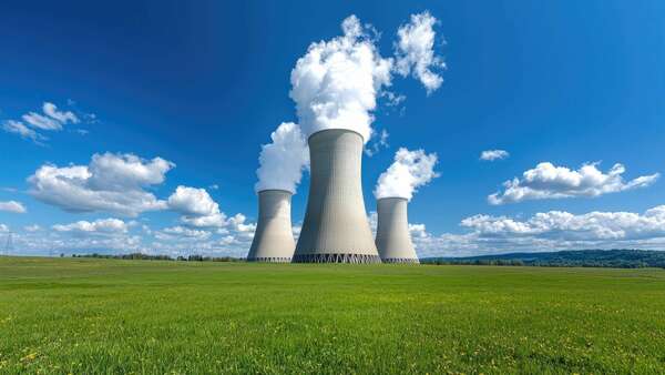 Nuclear Power Plant in Green Field Under Blue Sky