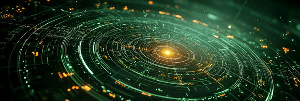 Circular arcs in military green with a subtle radar sweep line, tiny blips, and coordinates to suggest surveillance or detection