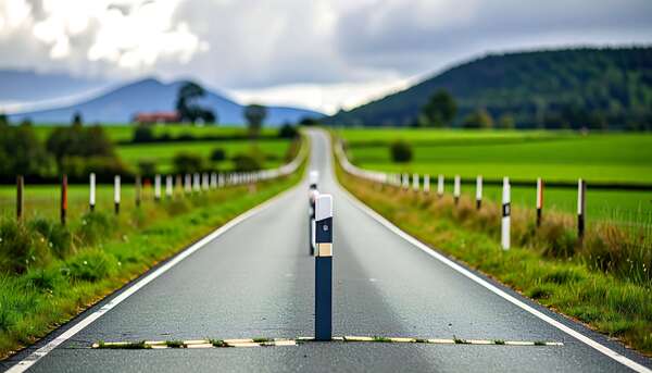 Perspective View of a Rural Road with Reflectors and Rolling Green Hills
